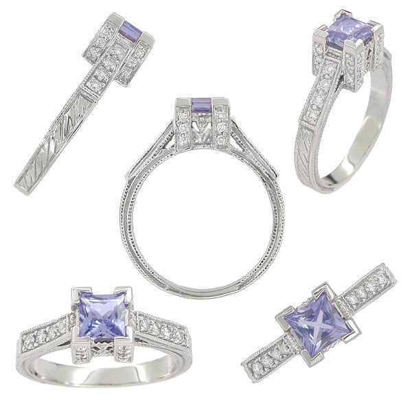 Art Deco 3/4 Carat Princess Cut Tanzanite and Diamond Engagement Ring in Platinum - December Birthstone - Item: R660TA - Image: 2
