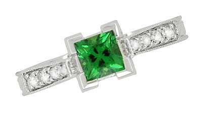 Art Deco 0.68 Carat Princess Cut Tsavorite Garnet and Diamond Engagement Ring in 18 Karat White Gold - Item: R661TS - Image: 6