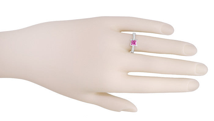 Art Deco 3/4 Carat Princess Cut Pink Sapphire and Diamond Castle Engagement Ring in 18 Karat White Gold - Item: R662PS - Image: 3