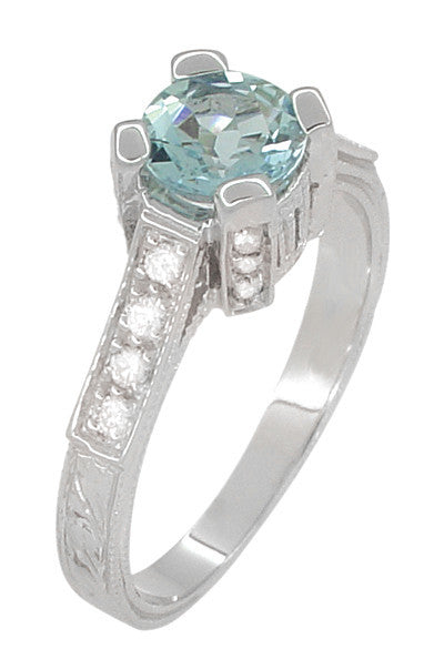 Art Deco 3/4 Carat Aquamarine Castle Engagement Ring in 18 Karat White Gold - Item: R663W14A - Image: 3