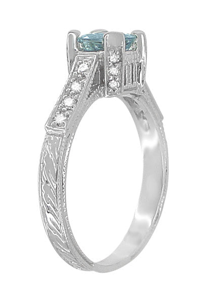 Art Deco 3/4 Carat Aquamarine Castle Engagement Ring in 18 Karat White Gold - Item: R663W14A - Image: 4