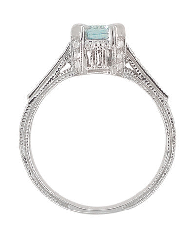Art Deco 3/4 Carat Aquamarine Castle Engagement Ring in 18 Karat White Gold - Item: R663W14A - Image: 5