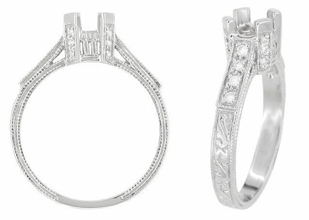 Art Deco Engraved Filigree Citadel Castle 1 Carat Diamond Engagement Ring Mounting in White Gold - Item: R664W14 - Image: 2