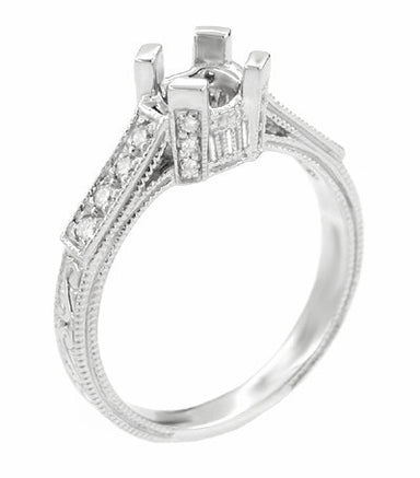 Art Deco Engraved Filigree Citadel Castle 1 Carat Diamond Engagement Ring Mounting in White Gold