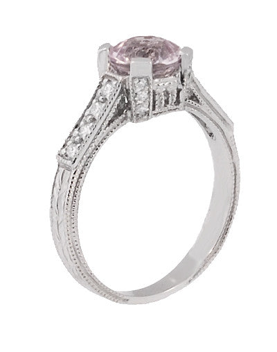 Art Deco 1 Carat Pink Tourmaline Castle Engagement Ring in 18 Karat White Gold - Item: R664PT - Image: 3