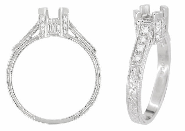 Art Deco 3/4 Carat Diamond Filigree Platinum Castle Engagement Ring Mounting for a Round or Asscher Diamond - Item: R665 - Image: 2