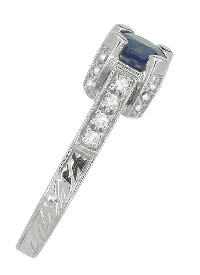 Art Deco 1 Carat Blue Sapphire Engraved Castle Engagement Ring in Platinum - Item: R665S - Image: 4