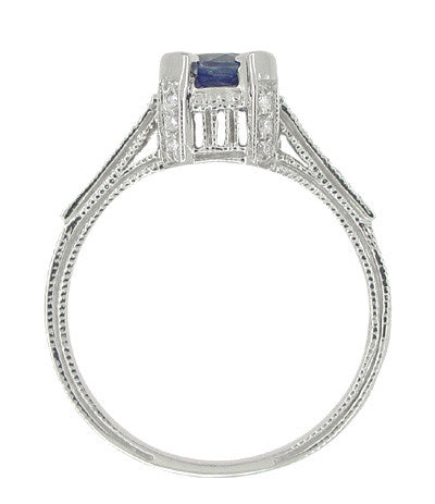 Art Deco 1 Carat Blue Sapphire Engraved Castle Engagement Ring in Platinum - Item: R665S - Image: 6