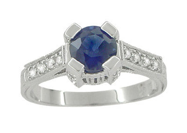 Art Deco 1 Carat Blue Sapphire Engraved Castle Engagement Ring in Platinum - alternate view