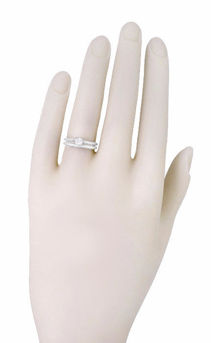 Platinum Art Deco Engraved Scrolls White Sapphire Engagement Ring and Wedding Ring Set - Item: R670PWS - Image: 3