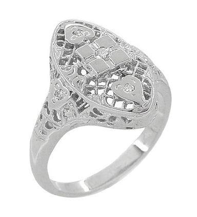 Art Deco Filigree Lozenge Shape Hearts & Diamonds Cocktail Ring in 14 Karat White Gold - alternate view