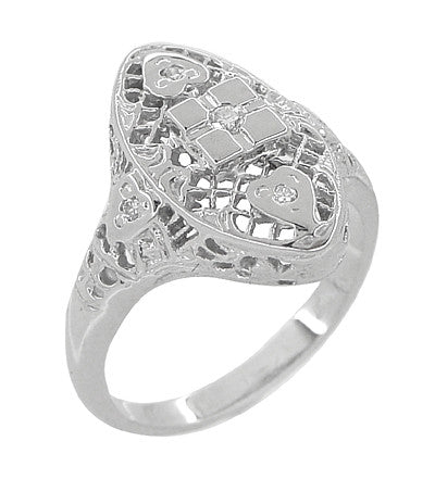 Art Deco Filigree Lozenge Shape Hearts & Diamonds Cocktail Ring in 14 Karat White Gold - Item: R671 - Image: 2