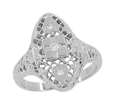 Art Deco Filigree Lozenge Shape Hearts & Diamonds Cocktail Ring in 14 Karat White Gold