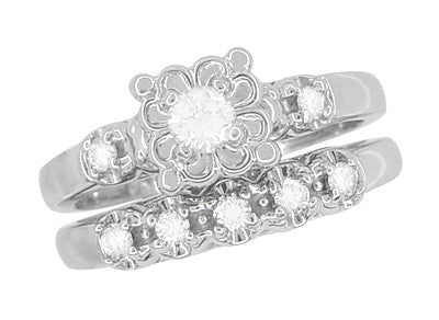 Retro Mid Century Modern Platinum Lucky Clover Diamond Engagement Ring & Wedding Band Set - Item: R674PS - Image: 2