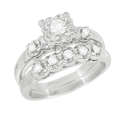 Retro Mid Century Modern Platinum Lucky Clover Diamond Engagement Ring & Wedding Band Set - Item: R674PS - Image: 3