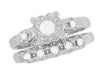 1950's Retro Moderne Lucky Clover Diamond Engagement Ring and Wedding Ring Set in 14K White Gold