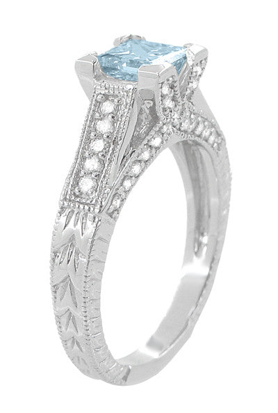 Art Deco X & O Kisses 3/4 Carat Princess Cut Aquamarine Engagement Ring in 18 Karat White Gold - Item: R676A - Image: 3