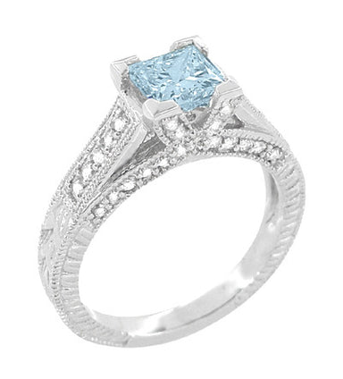 Art Deco X & O Kisses 3/4 Carat Princess Cut Aquamarine Engagement Ring in 18 Karat White Gold - alternate view