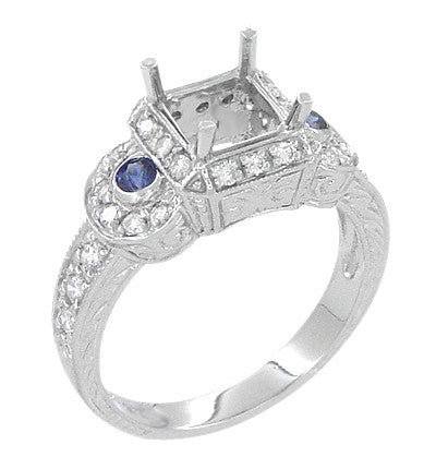 Art Deco Sapphire and Diamonds Engraved Wheat and Scrolls Engagement Ring Setting in 18 Karat White Gold - Item: R677 - Image: 3