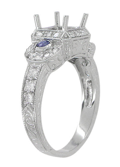 Art Deco Sapphire and Diamonds Engraved Wheat and Scrolls Engagement Ring Setting in 18 Karat White Gold - Item: R677 - Image: 4