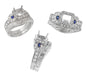 Art Deco Sapphire and Diamonds Engraved Wheat and Scrolls Engagement Ring Setting in 18 Karat White Gold