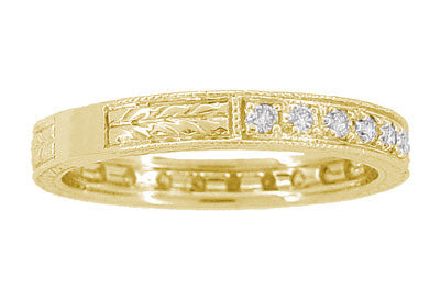 Yellow Gold Art Deco Carved Wheat Diamond Eternity Wedding Band - 14K or 18K - Item: R678Y14 - Image: 3