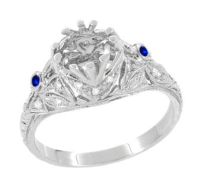 Edwardian Engagement Ring Setting with Side Blue Sapphires and Diamonds in 18 Karat White Gold - Item: R679WS - Image: 3