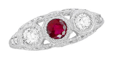 Filigree "Three Stone" Edwardian Ruby and Diamond Engagement Ring in Platinum - Item: R682PR - Image: 5