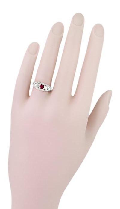 Filigree "Three Stone" Edwardian Ruby and Diamond Engagement Ring in Platinum - Item: R682PR - Image: 6