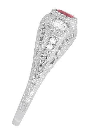 Filigree 3 Stone Ruby and Diamond Edwardian Engagement Ring in 14 Karat White Gold - Item: R682WR - Image: 3