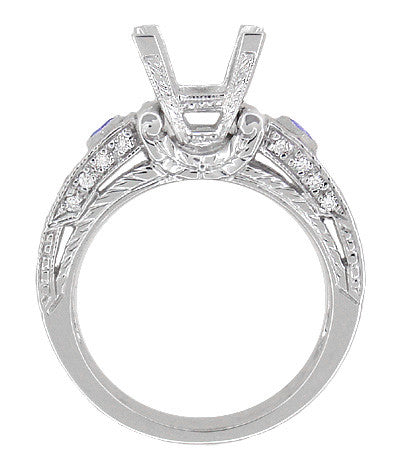 Art Deco 1 1/2 Carat Princess Cut Diamond Wheat Engraved Engagement Ring Setting in 18 Karat White Gold with Diamonds and Princess Cut Sapphires - Item: R683 - Image: 2