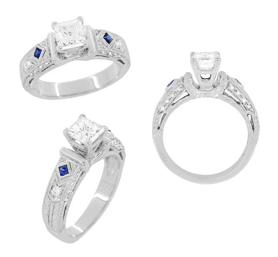 Art Deco 1 1/2 Carat Princess Cut Diamond Wheat Engraved Engagement Ring Setting in Platinum with Diamonds and Princess Cut Sapphires - Item: R683P - Image: 4