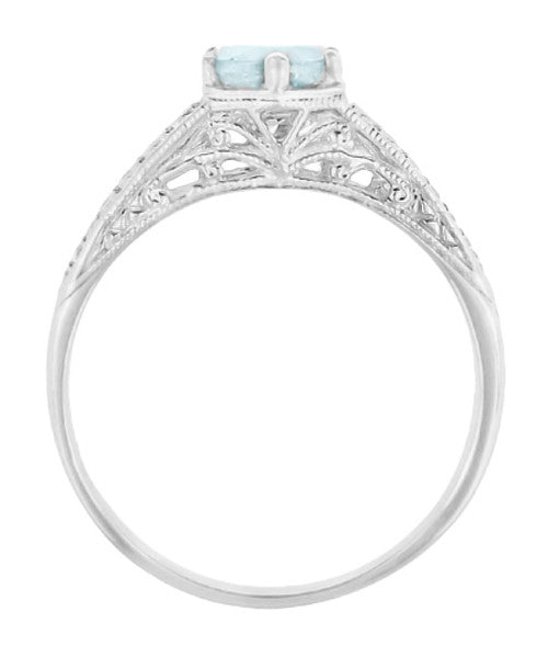 Art Deco Scrolls and Wheat Aquamarine Solitaire Filigree Engraved Engagement Ring in Platinum - Item: R688PA - Image: 3
