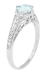 Art Deco Scrolls and Wheat Aquamarine Solitaire Filigree Engraved Engagement Ring in Platinum