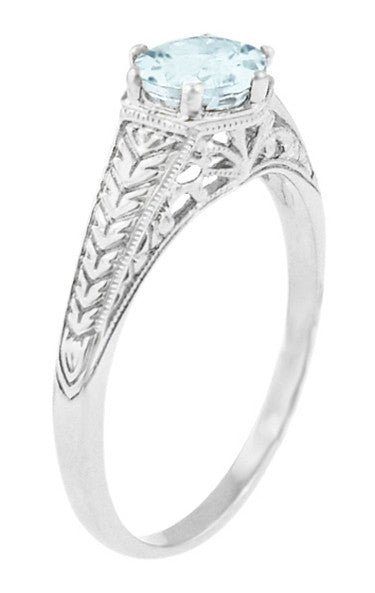 Art Deco Scrolls and Wheat Aquamarine Solitaire Filigree Engraved Engagement Ring in Platinum - alternate view