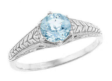 Art Deco Engraved Scrolls and Wheat Aquamarine Solitaire Engagement Ring in 18 Karat White Gold | 1920's Vintage Design