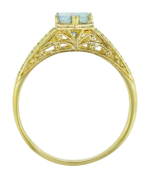 Art Deco Scrolls and Engraved Wheat Aquamarine Solitaire Filigree Engagement Ring in 18 Karat Yellow Gold - Item: R688YA - Image: 3