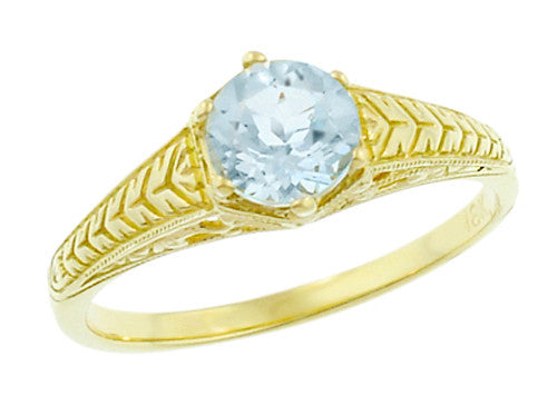 Art Deco Scrolls and Engraved Wheat Aquamarine Solitaire Filigree Engagement Ring in 18 Karat Yellow Gold - Item: R688YA - Image: 2