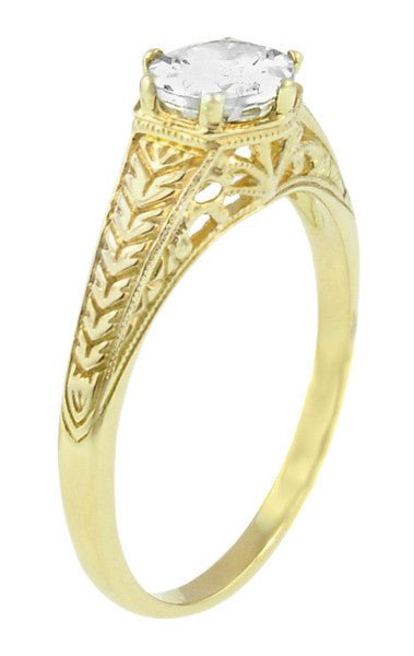 Art Deco Carved Wheat and Scrolls White Sapphire Solitaire Filigree Engraved Engagement Ring in 18K Yellow Gold - alternate view