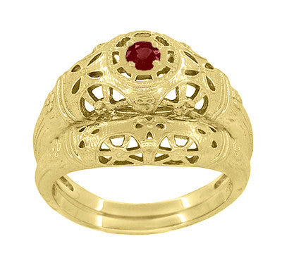 Low Dome Filigree Art Deco Ruby Ring in 14 Karat Yellow Gold - Item: R698Y - Image: 6