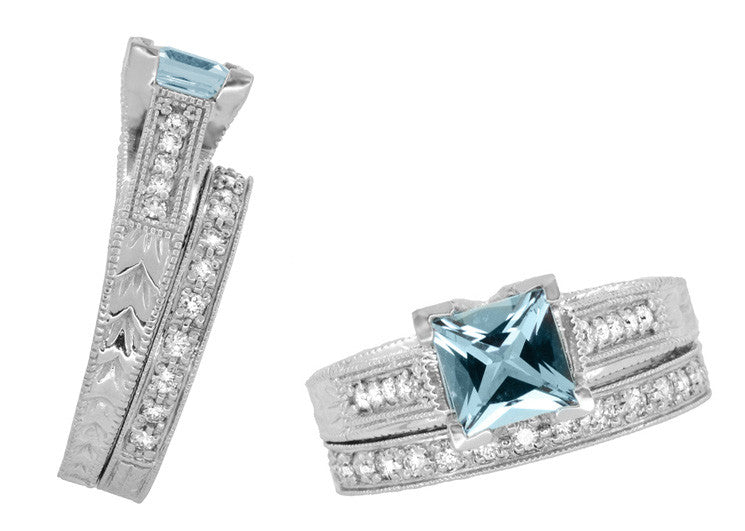 X & O Kisses 1 Carat Princess Cut Aquamarine Engagement Ring in 18 Karat White Gold - Item: R701A - Image: 7