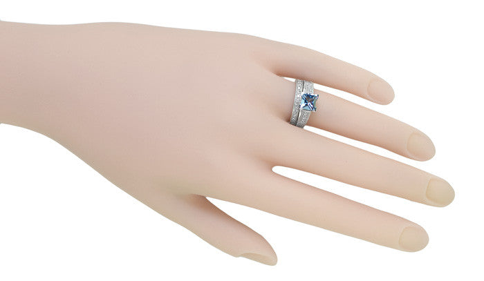 X & O Kisses 1 Carat Princess Cut Aquamarine Engagement Ring in 18 Karat White Gold - Item: R701A - Image: 8