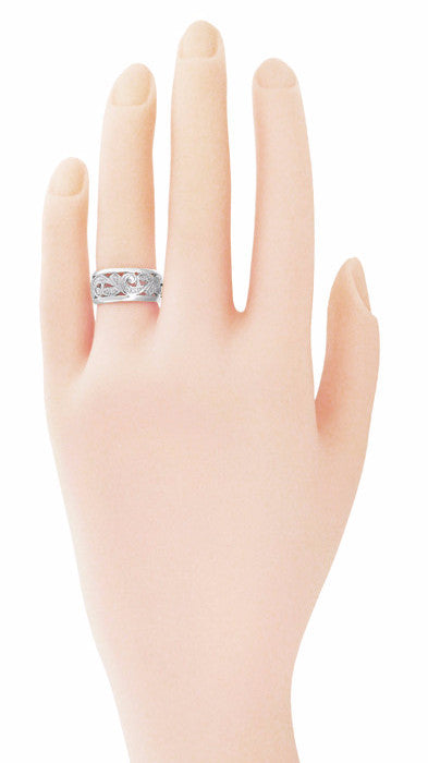 Retro Moderne Scrolls and Leaves Engraved Filigree Wide Wedding Ring in 14 Karat White Gold - 8.5mm - Size 5 - Item: R702 - Image: 2