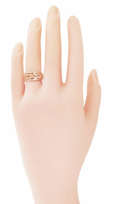 Retro Moderne Scrolls and Leaves Filigree 8.5mm Wide Wedding Ring in 14 Karat Rose ( Pink ) Gold | Size 5.5 - alternate view