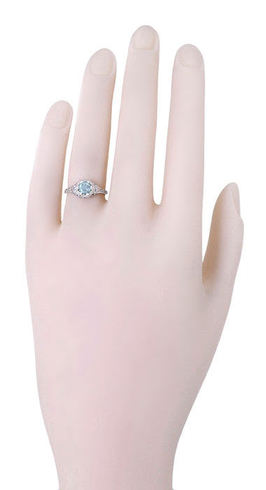 Art Deco Filigree Flowers Aquamarine Engagement Ring in 14 Karat White Gold - Item: R706WA - Image: 4