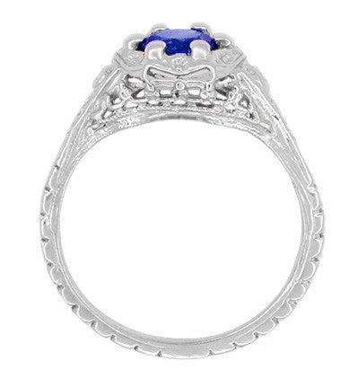 Art Deco Filigree Flowers Lab Created Sapphire Engagement Ring in 14 Karat White Gold - Item: R706WCS - Image: 3