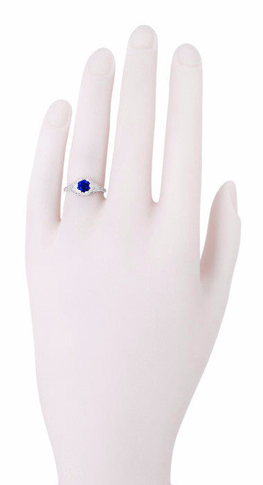Art Deco Filigree Flowers Lab Created Sapphire Engagement Ring in 14 Karat White Gold - Item: R706WCS - Image: 4