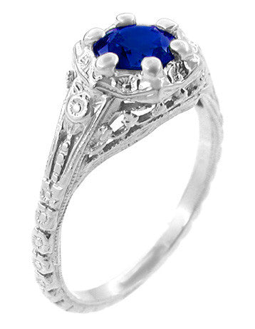 Art Deco Filigree Flowers Lab Created Sapphire Engagement Ring in 14 Karat White Gold - Item: R706WCS - Image: 2
