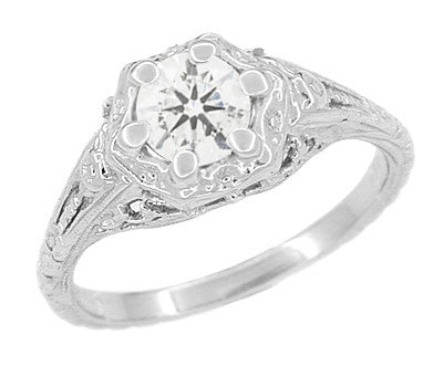 Art Deco Filigree Flowers Antique Design 0.49 Carat Old Diamond Engagement Ring in 14 Karat White Gold - Item: R706WD - Image: 2