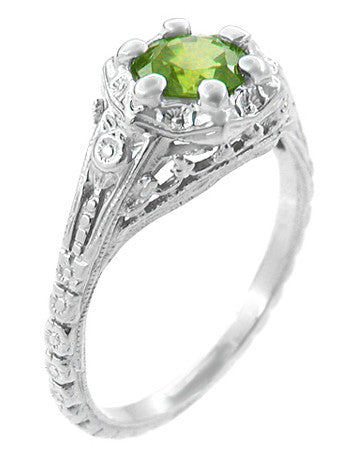 Filigree Flowers Art Deco Peridot Engagement Ring in 14 Karat White Gold - alternate view